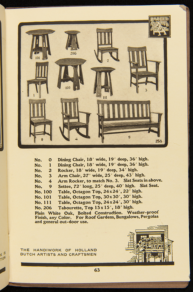 Limberts Holland Dutch Arts and Crafts Furniture, circa 1910 / page 63 Page with text and images of chairs, rocking chairs, tables, and a bench
