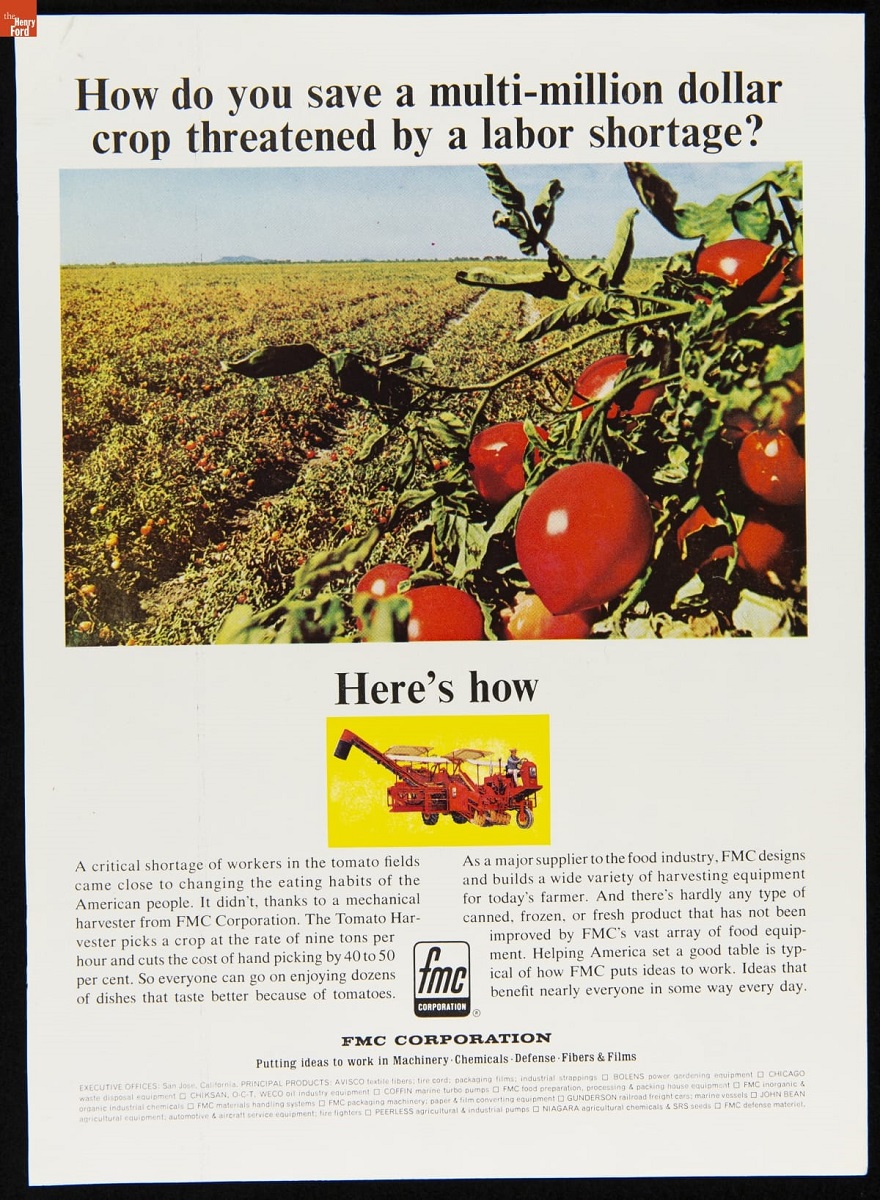 Page with text, image of tomatoes on tomato plants in field, and small image of piece of farm equipment