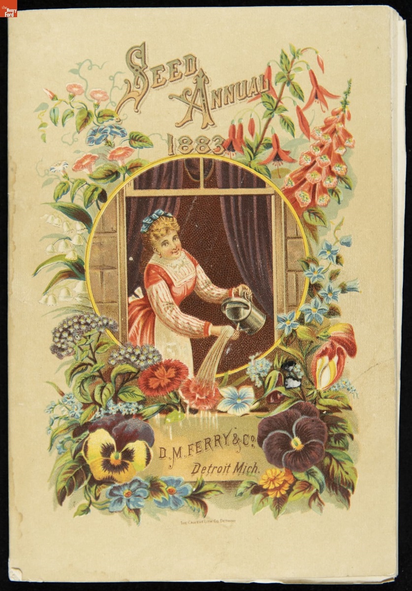 Woman watering plants from window, surrounded by flowers and text