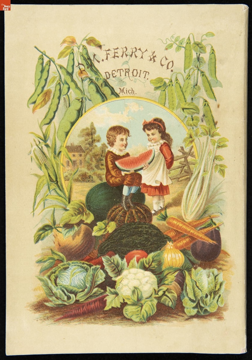Two children, one holding a piece of watermelon, among a variety of fruits and vegetables