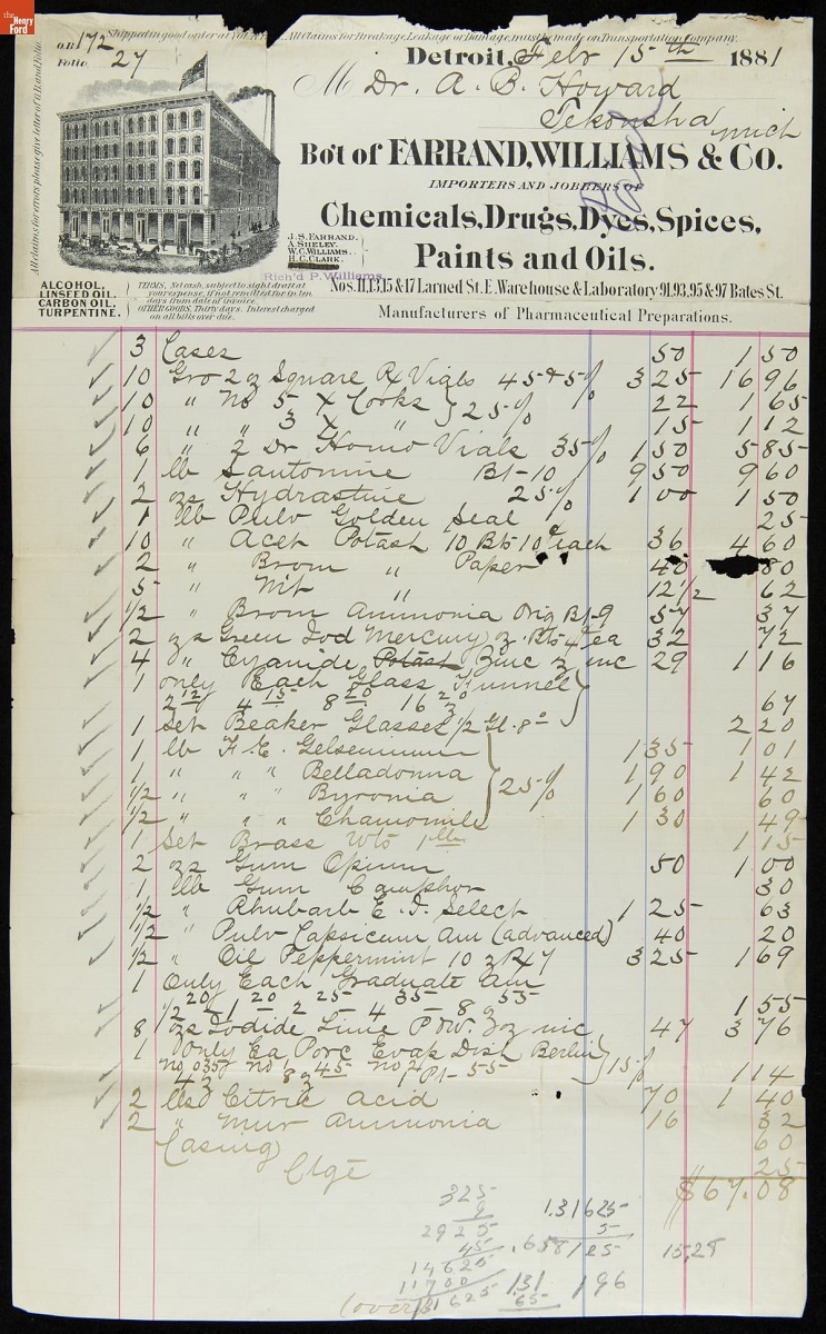 Handwritten receipt with image of building on letterhead at top and cursive list of items below