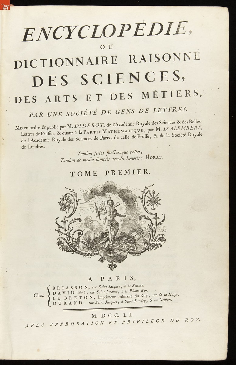 Page with text in French and decorative image of figure with wings and flowing loincloth