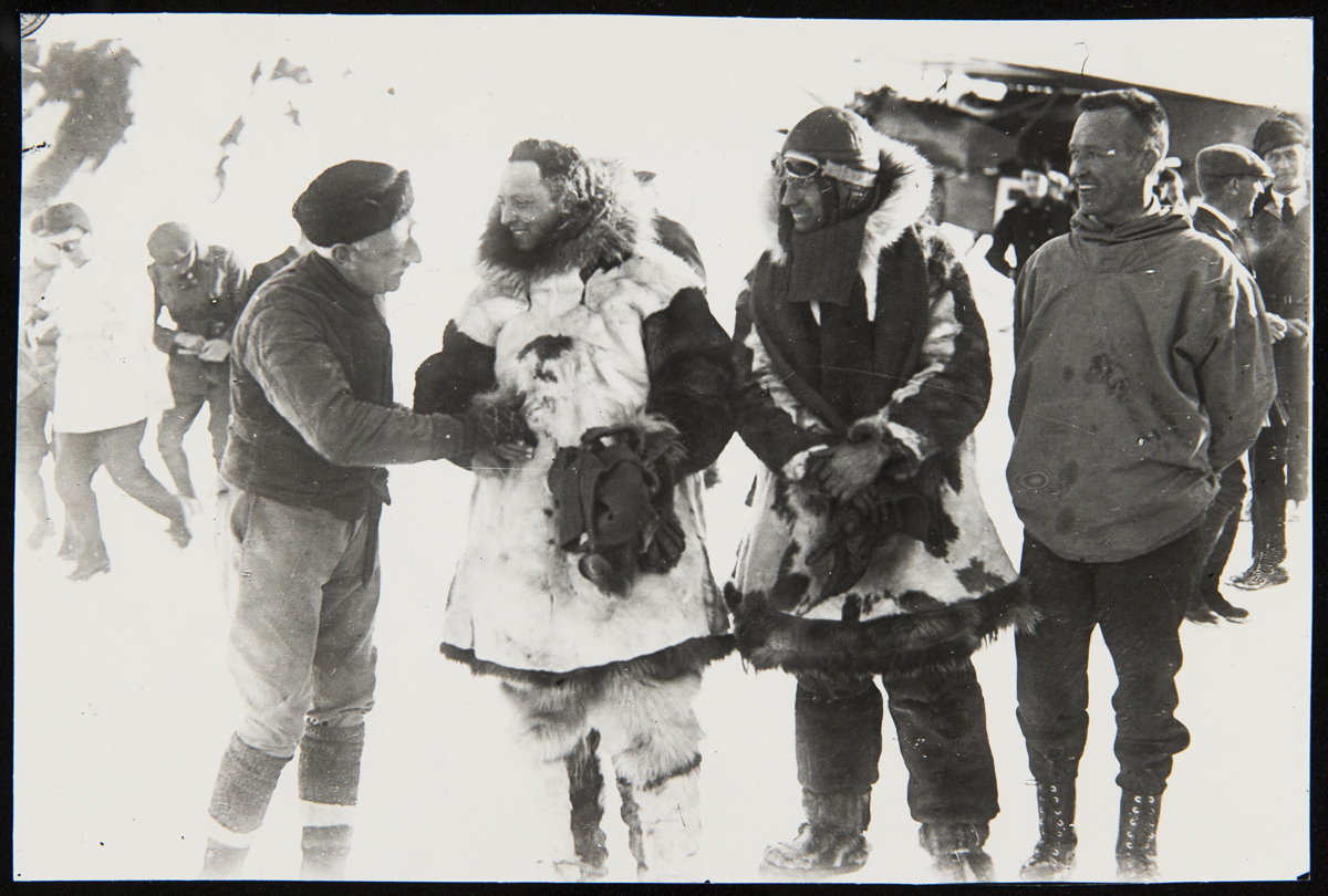 Roald Amundsen and Lincoln Ellsworth greet Richard Byrd and Floyd Bennett before the North Pole Flight