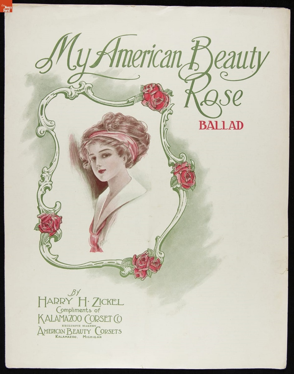 Page with image of woman surrounded by decorative frame with roses; also contains text