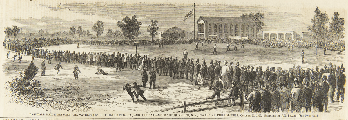 Illustration of a crowd of people around a grassy area where baseball is being played