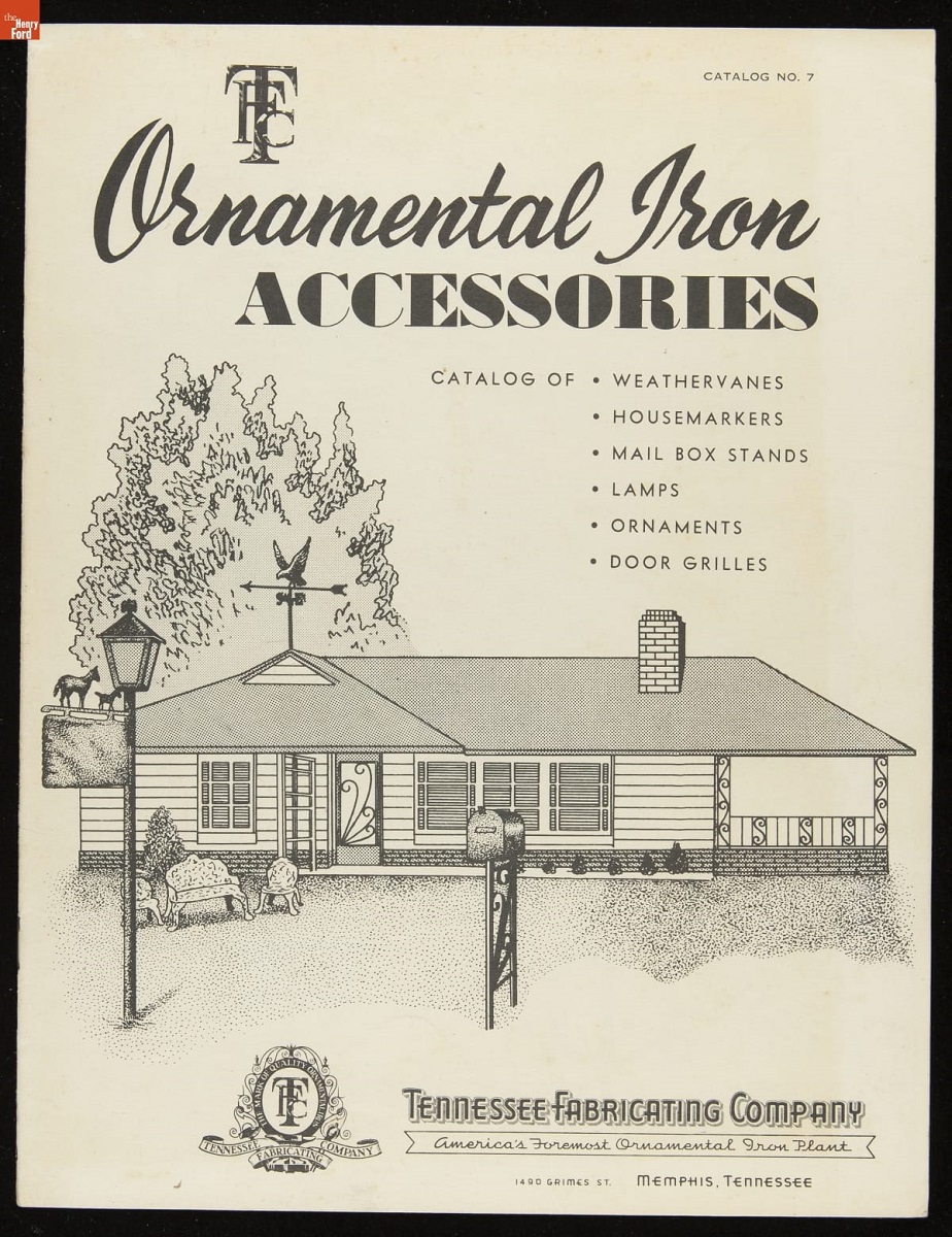 Tennessee Fabricating Company Catalog, "Ornamental Iron Accessories," 1959 / front cover Catalog cover featuring drawing of house with lamppost and mailbox out front; also contains text