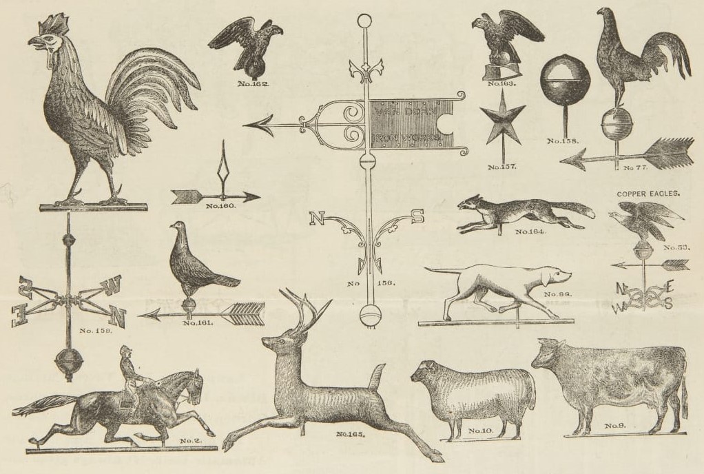 Van Dorn Iron Works Catalog, "Sole Manufacturers Cleveland Wrought Iron Fence," 1884 (page 8, detail) Drawings of weathervanes in the shape of animals and ornamental patterns