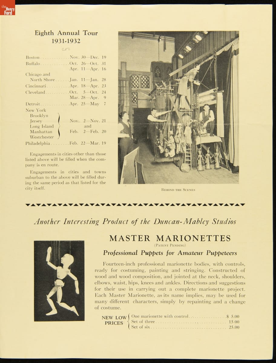 A Modern Adult Program and a New Children's Program for The Tatterman Marionettes, 1931-1932 / inside panel 4 Sheet with text, photograph of people working marionettes on a stage, and a photo of a single marionette
