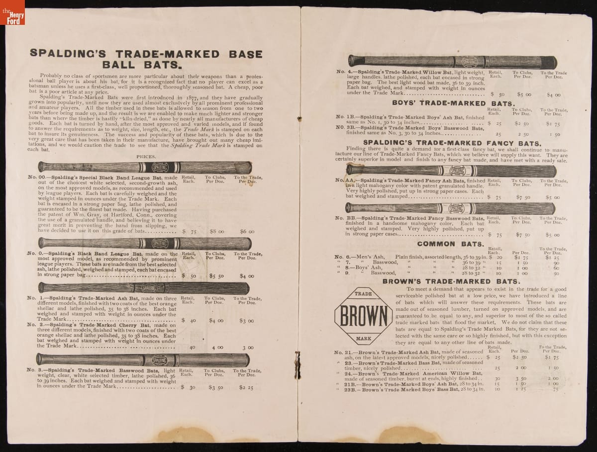 Stirn & Lyon's Price List of Spalding's Base Balls, Bats, and Miscellaneous Base Ball Supplies, 1886 Page with text and images of baseball bats