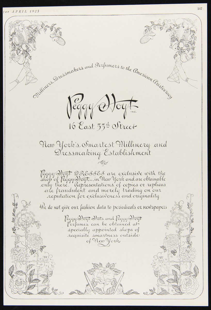 Advertisement, "Peggy Hoyt: New York's Smartest Millinery and Dressmaking Establishment," April 1925 Page with decorative script text and line drawings of floral arrangements and women in hats