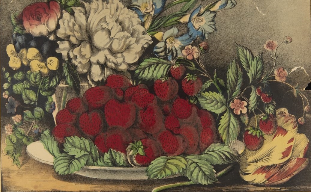 A plate of strawberries sitting on strawberry leaves, with a strawberry plant and flower forward and to the right, and a bouquet of flowers back and to the left 