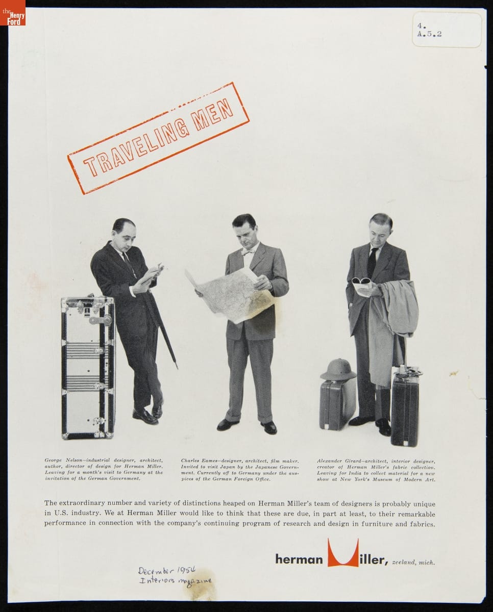 Page with text and images of three men in suits, one reading a book, one looking at a map, and the third reading a magazine, with luggage nearby 