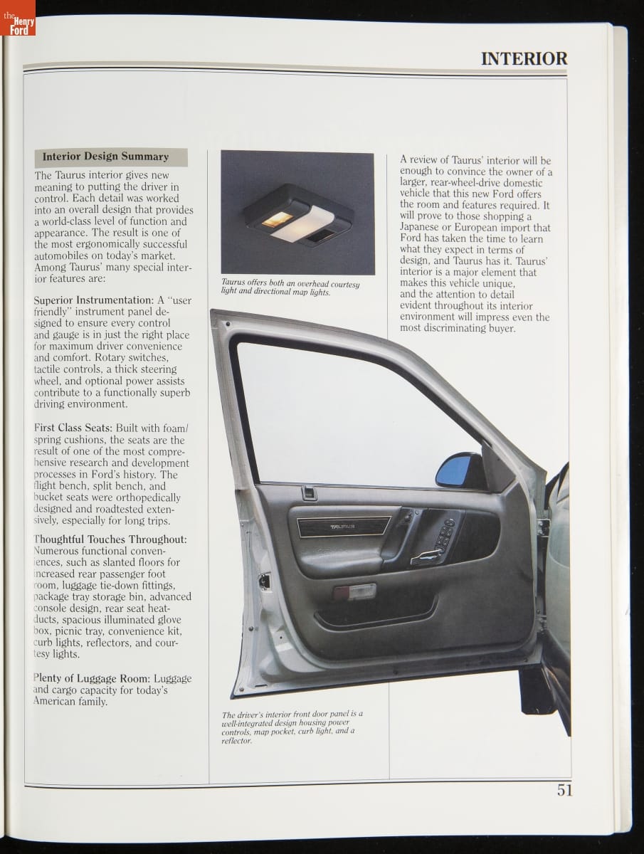Page with text and two images, one of inside of open car door and one showing an overhead car light