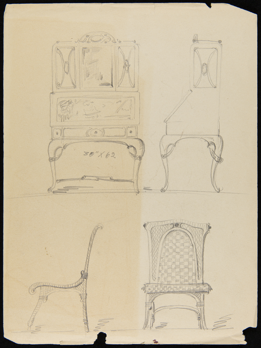 Drawings of front and side of sideboard or cabinet and front and side of chair
