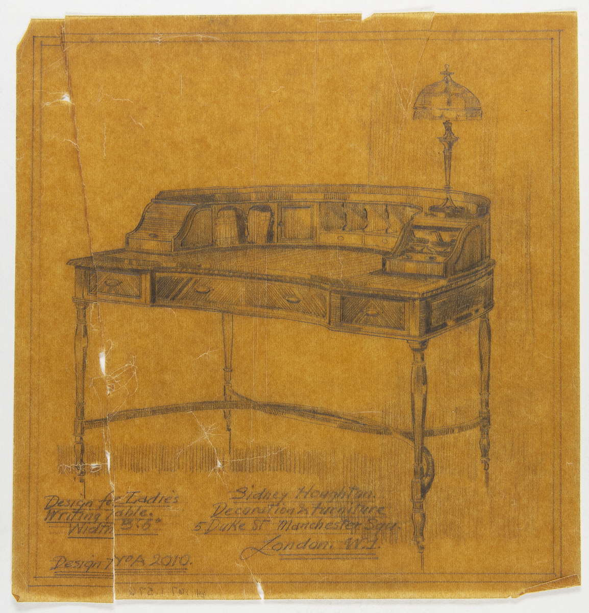 Yellowed drawing of a semi-circle shaped desk with raised cubbies around the edge