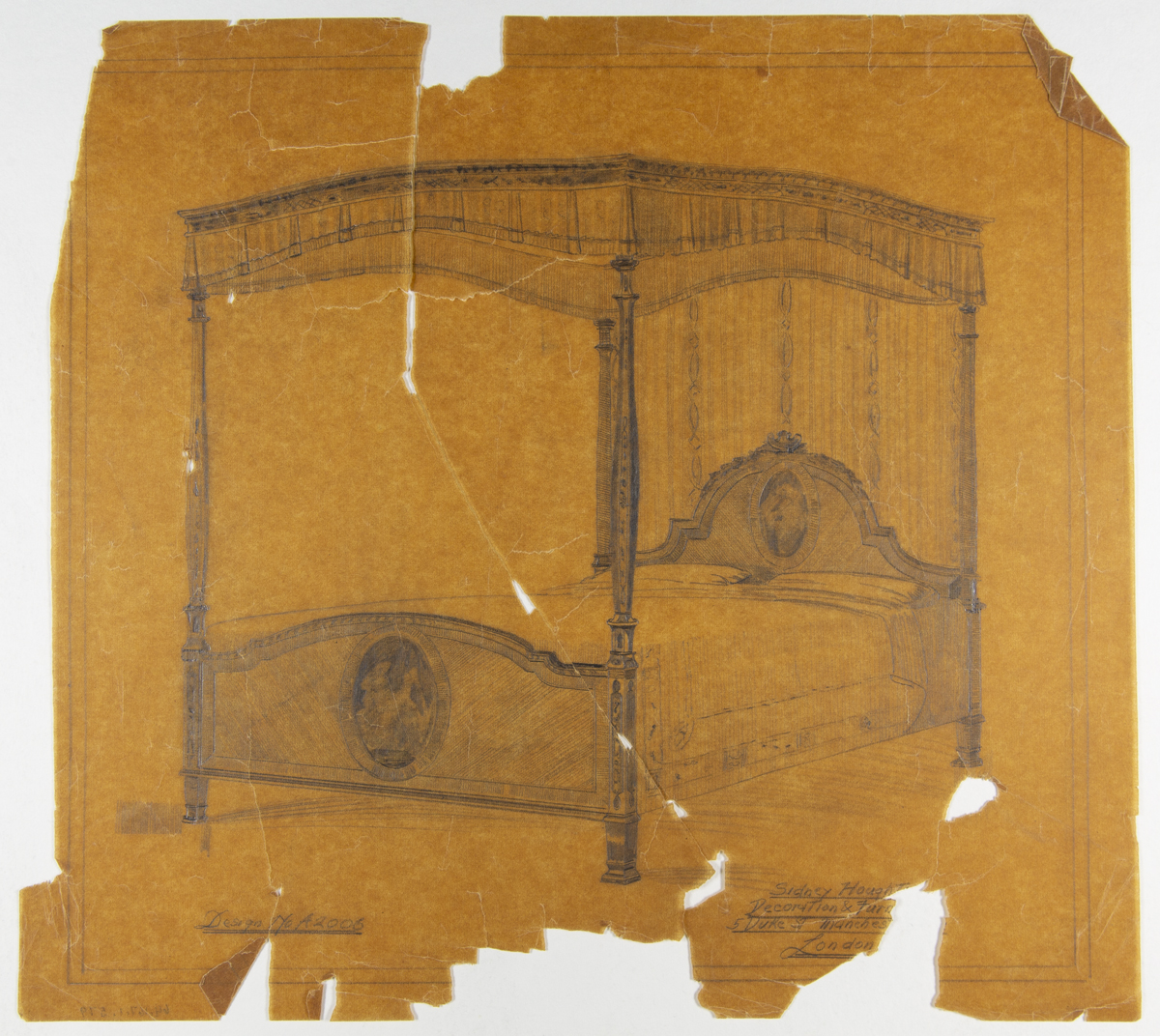 Yellowed and torn drawing of a four-poster, canopied bed