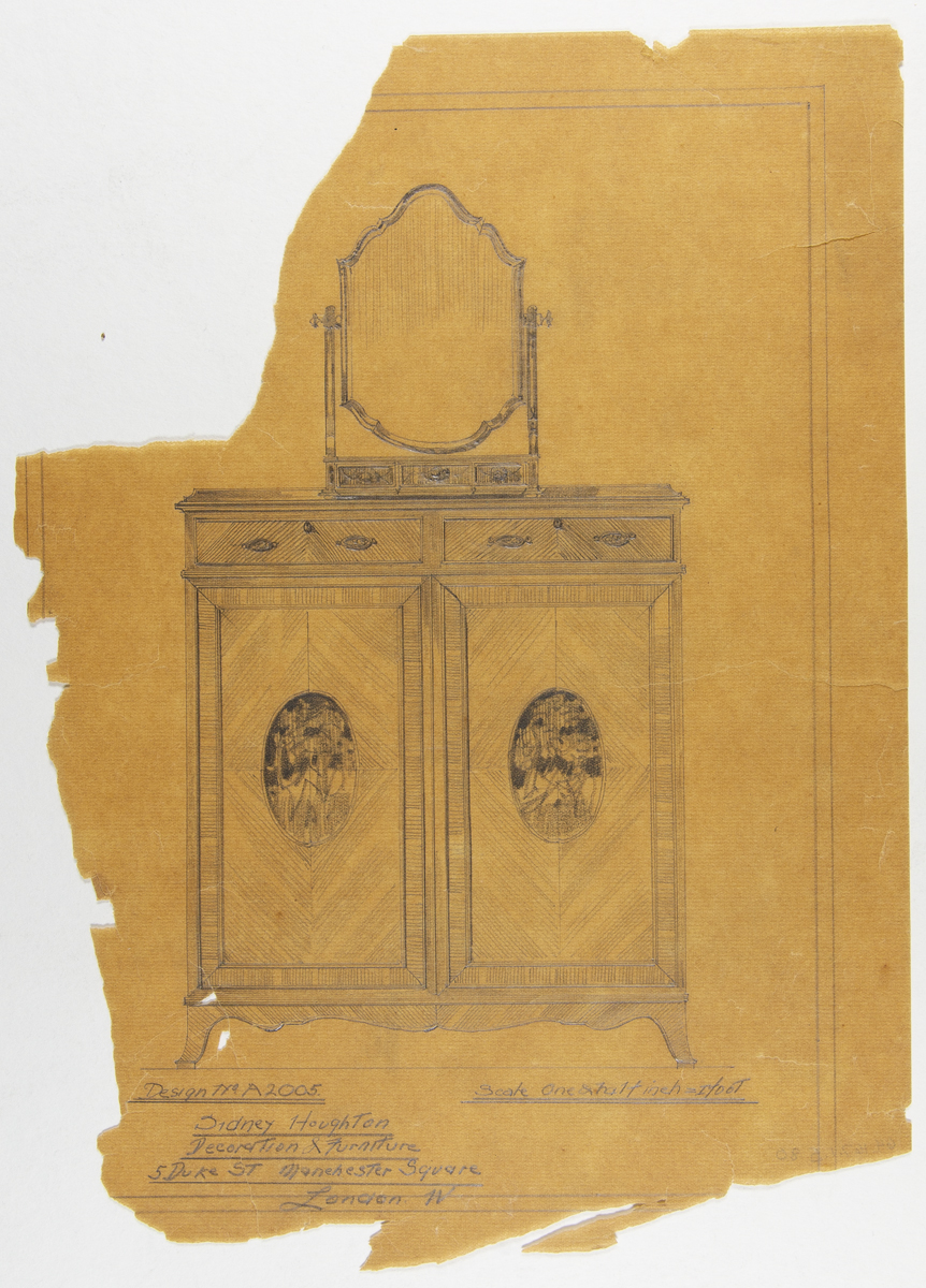 Yellowed, torn drawing of a cabinet topped with a mirror