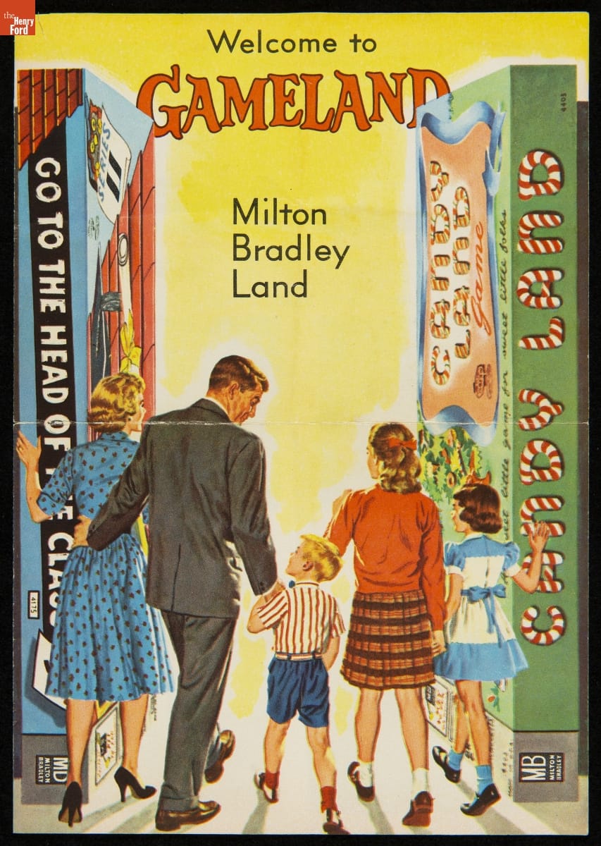 Yellow page with text and image of family walking through "doors" made of two giant board game boxes turned on end