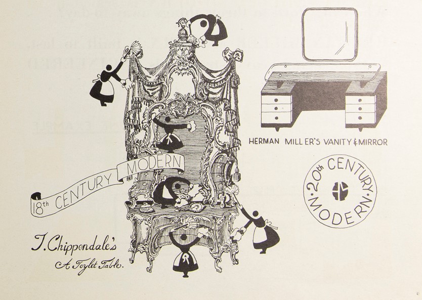 An History of Modern Furniture: From Prehistoric Times to the Post War Era, 1942 / page 9 Line drawing of very ornate vanity table with many small stylized figures in maid uniforms dusting it