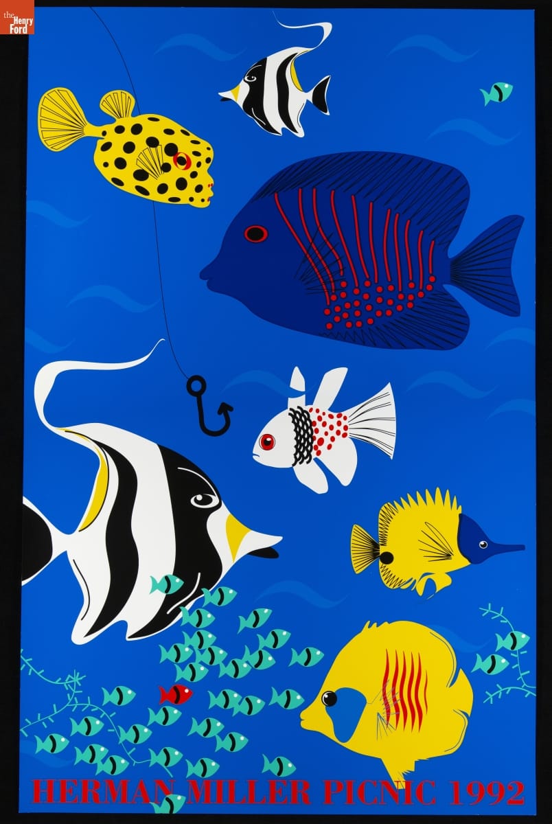 Poster showing blue, white, black, red, and yellow tropical fish and a fishhook against a background of blue water