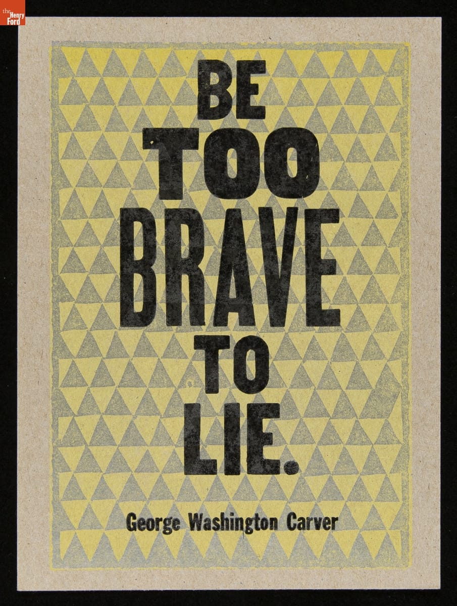 Print with background of yellow and gray triangles and bold black text 