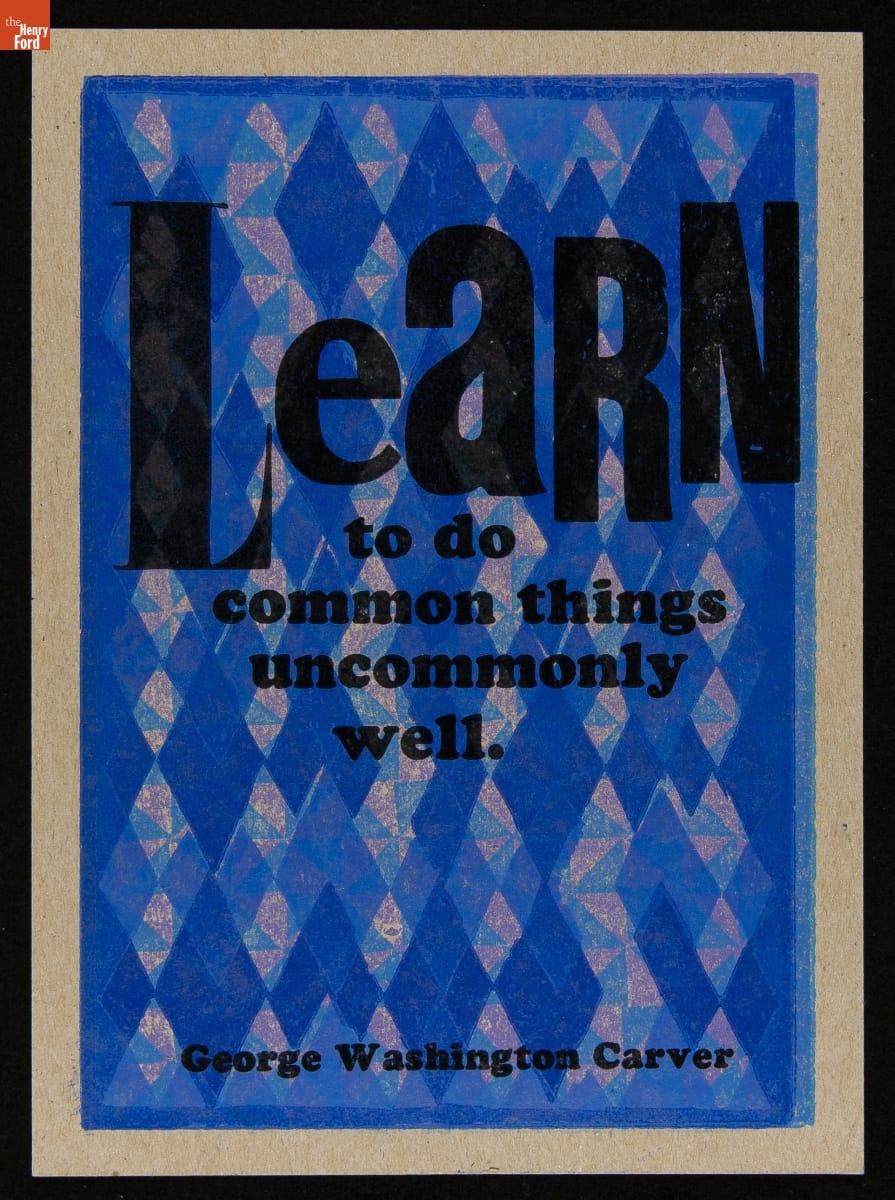 Print with light and dark blue diamond background and text in foreground