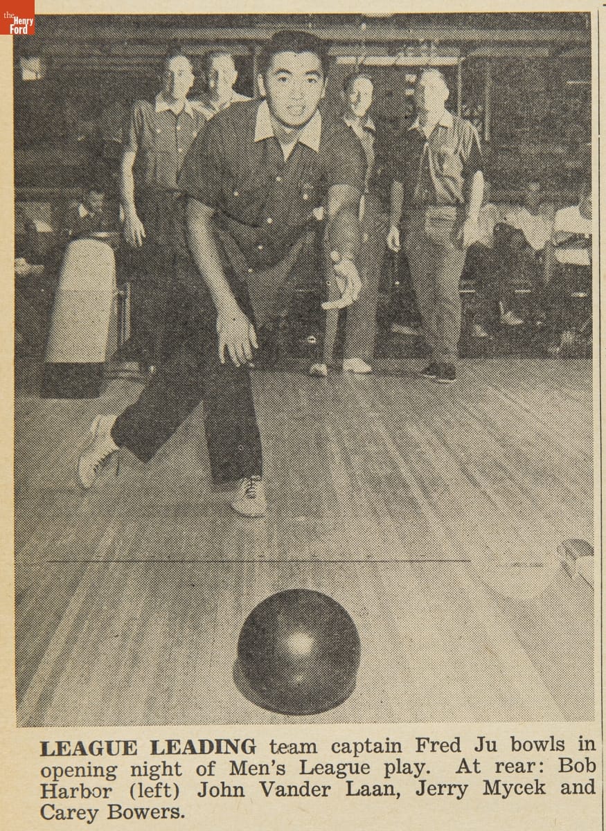 Aeronutronics News, Volume 1, March-December 1960 Man in bowling shirt and shoes and black pants rolls a bowling ball toward the camera; also contains text caption