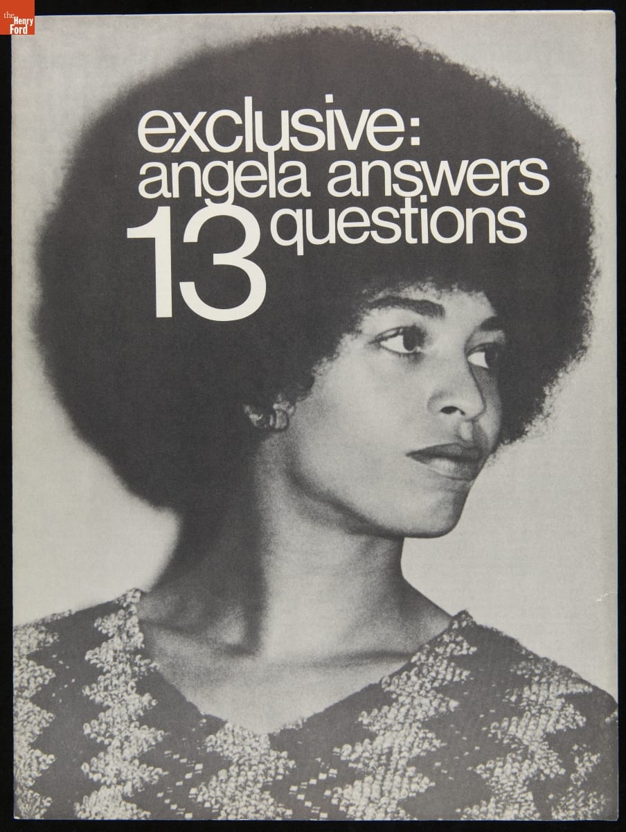 Black-and-white sheet with text and photo of woman with large afro