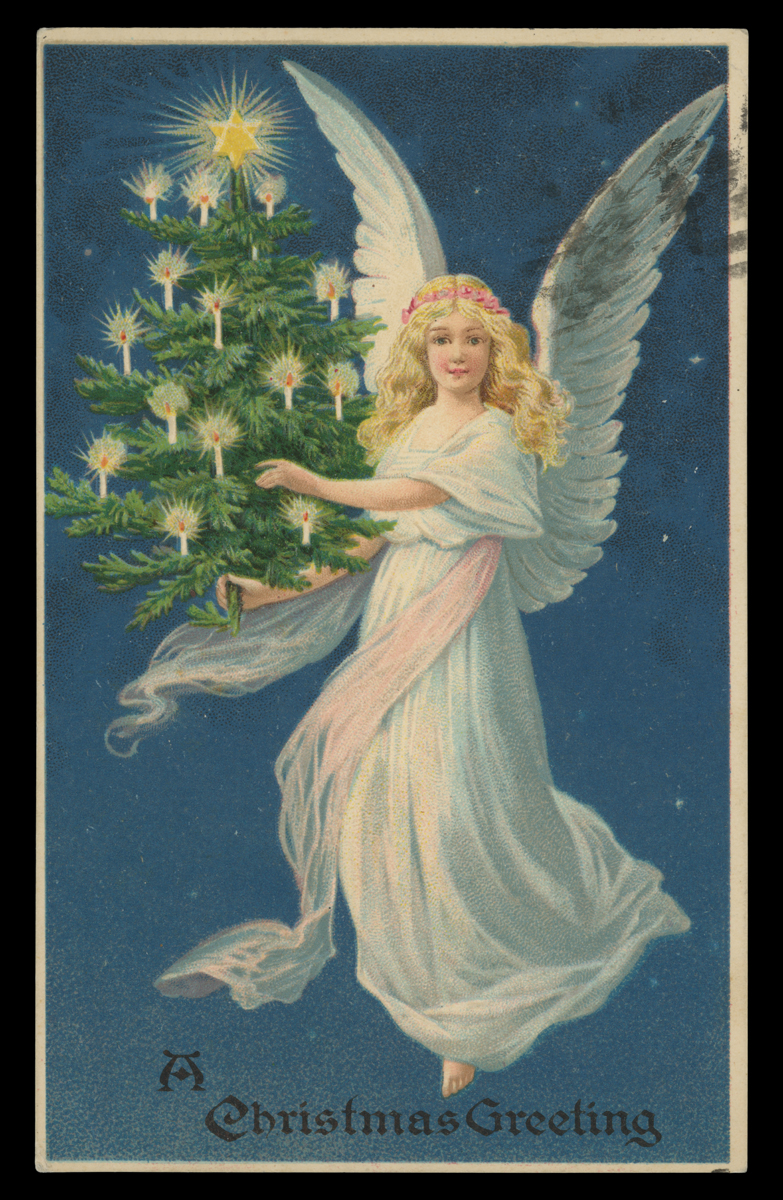 Christmas Postcard, "A Christmas Greeting," 1915 Vertical blue postcard with image of winged angel in white robes holding a small Christmas tree lit with candles; also contains text