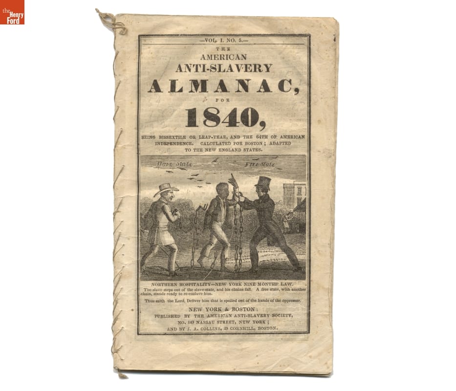 Page with text and print of man in chains being pulled by two other men on either side of the first