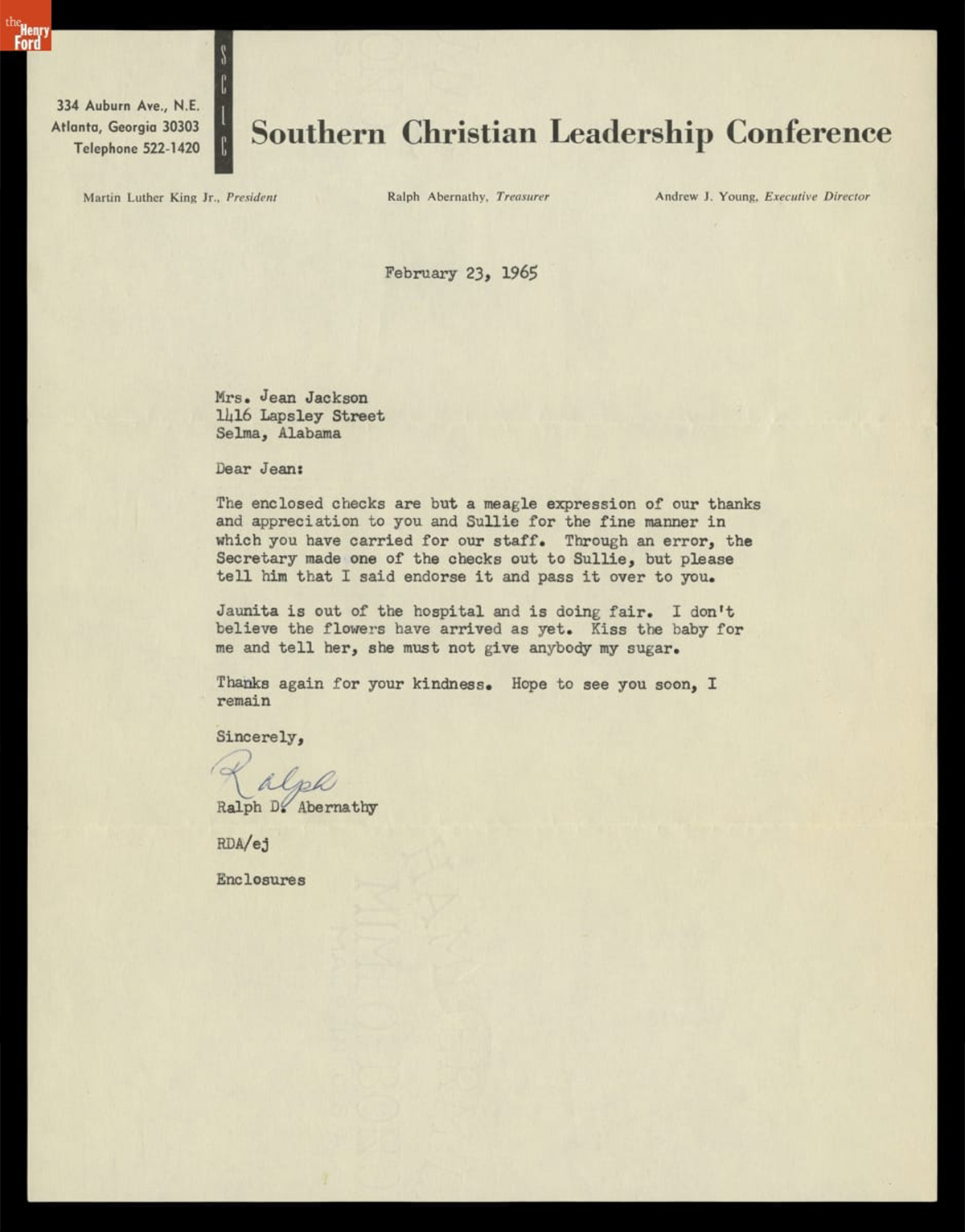 Letter from Ralph Abernathy, Southern Christian Leadership Conference, to Richie Jean Jackson, February 23, 1965
