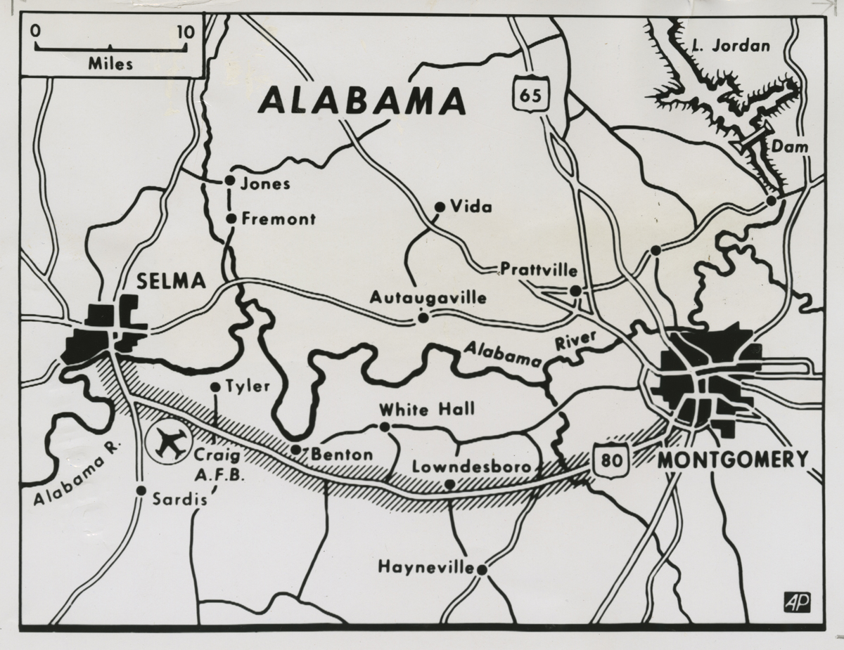 THF730288 Map showing the route taken by 300 voting rights marchers from Selma to Montgomery, Alabama, in 1965, tracing their multi-day journey with nightly camps along the way.