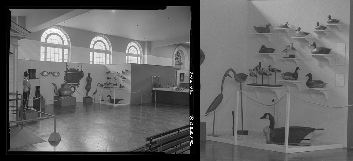 THF734077_detail Image of the exhibit “American Folk Art and Decoration” showing the shop sign and duck decoys displays, 1972