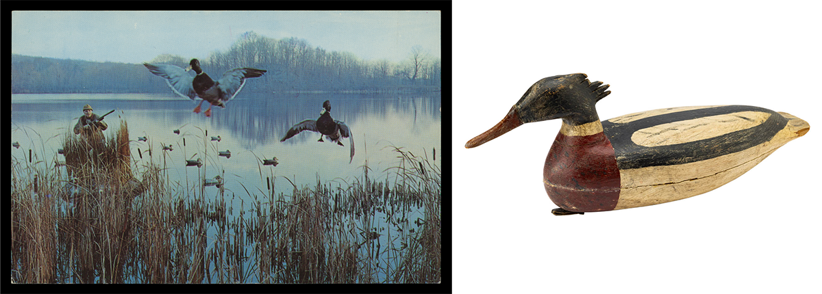THF736673_THF810967 a postcard featuring flying ducks, and a wooden decoy duck