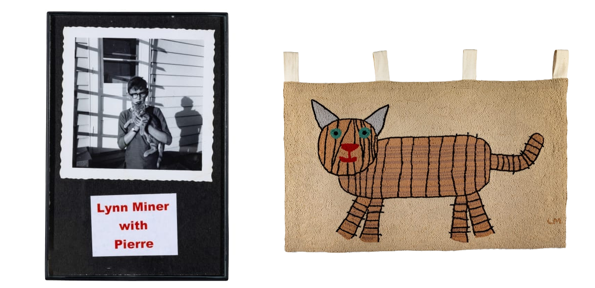 THF801591_THF801596 A woman holding a cat, and a hooked rug featuring an image of a cat