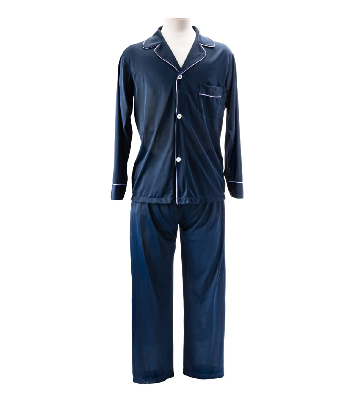 Blue collared long sleeved pajama set with white buttons