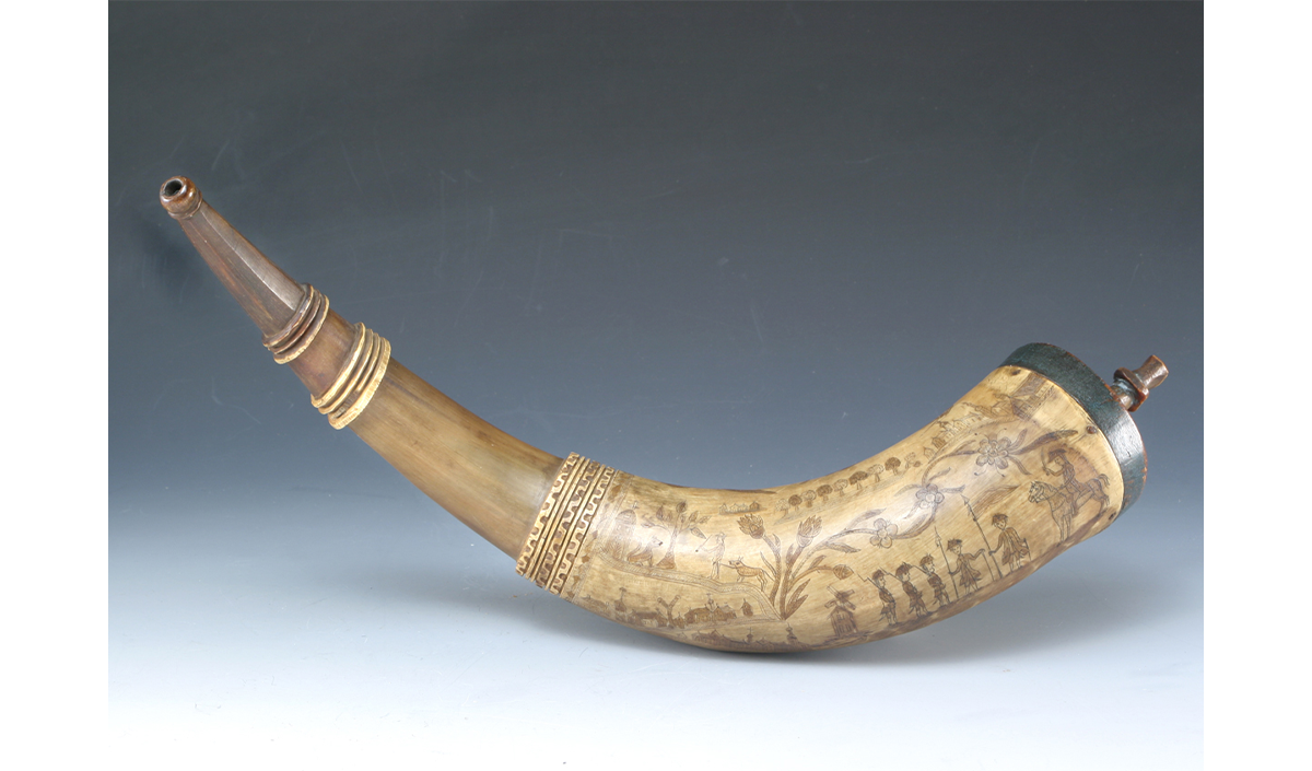 Powder Horn, 1775-1783, engraved with scenes from the Battle of Lexington and Concord