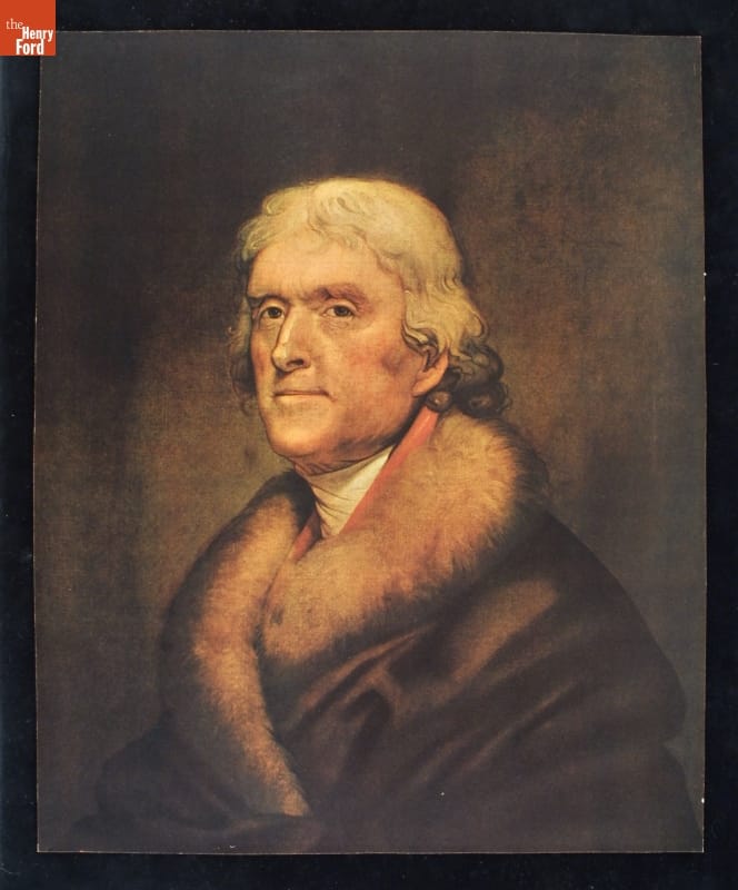 Painted portrait of man with wavy white hair wearing coat or robe with fur collar
