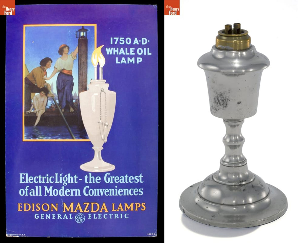 Advertising Poster for Edison Mazda Lamps, 'Electric Light- the Greatest of All Modern Conveniences,' 1924 | Whale Oil Lamp, 1830-1856