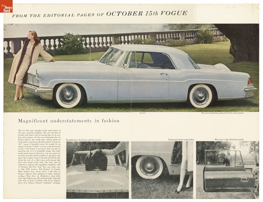 Two-page spread with a photo of a long blue car with a woman leaning on the hood and a concrete balustrade behind; contains text and smaller car detail images at bottom