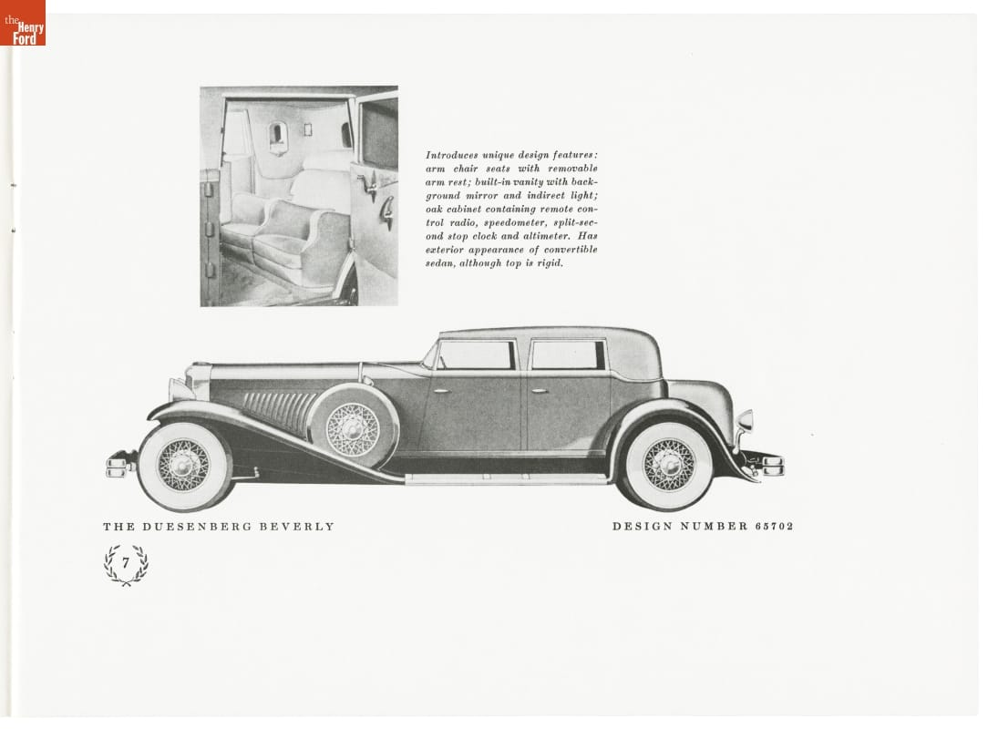 Drawing of long car with swooping fenders along with text and inset image of car interior