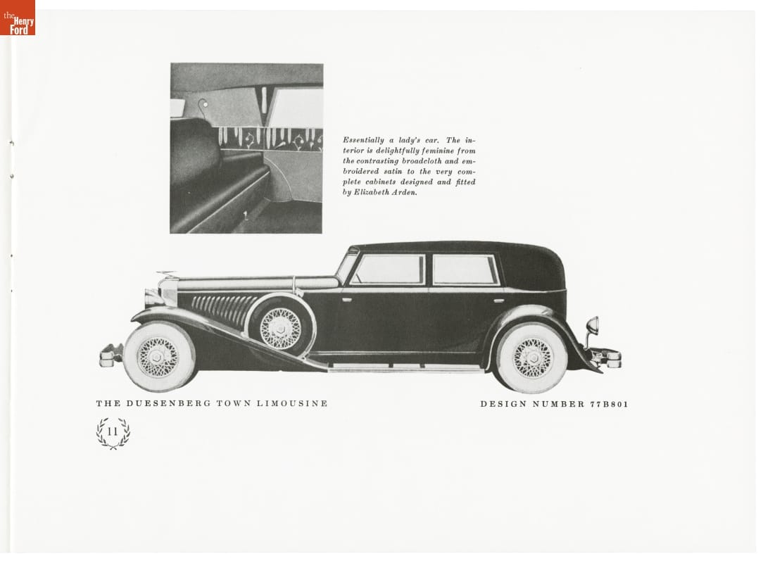 Long black car with long fenders; also contains text and inset image of car interior