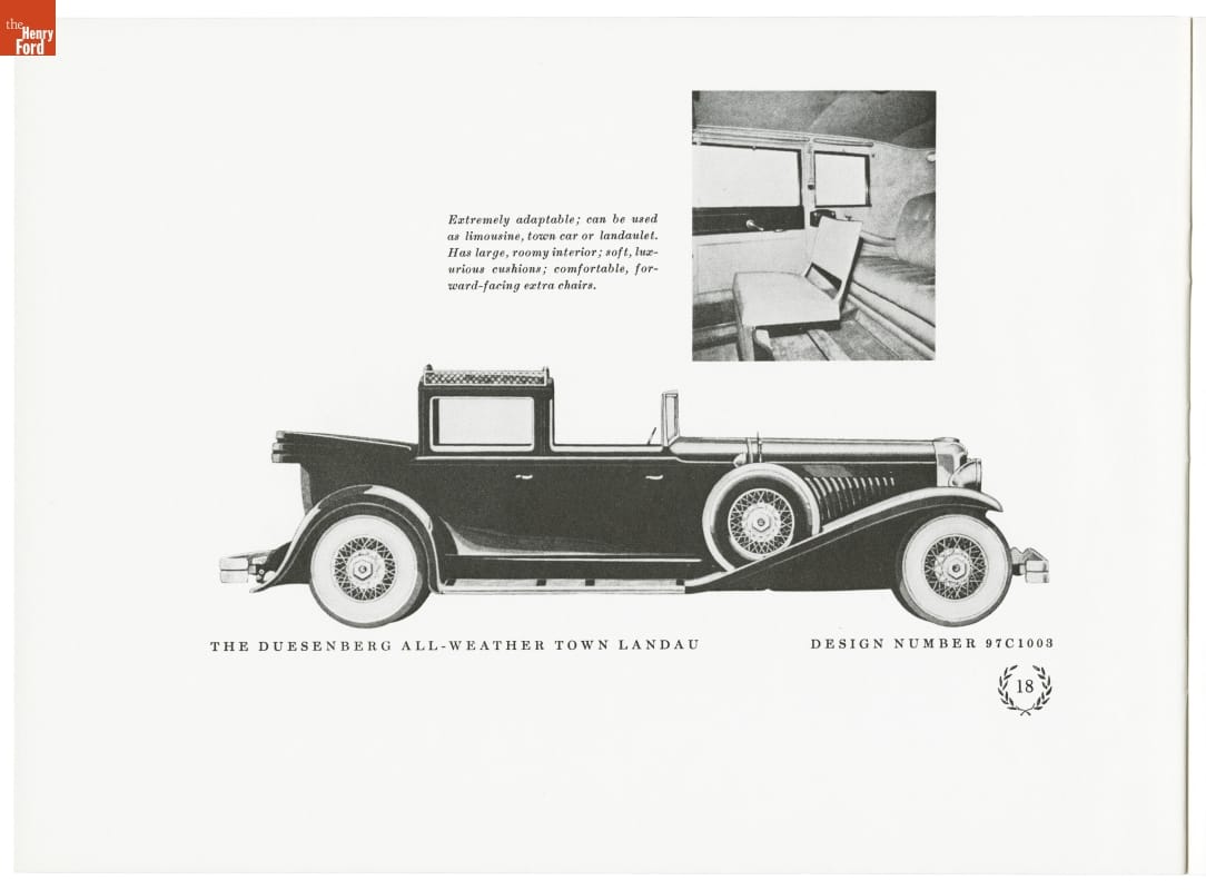 Long, boxy car; also contains text and inset image of car interior