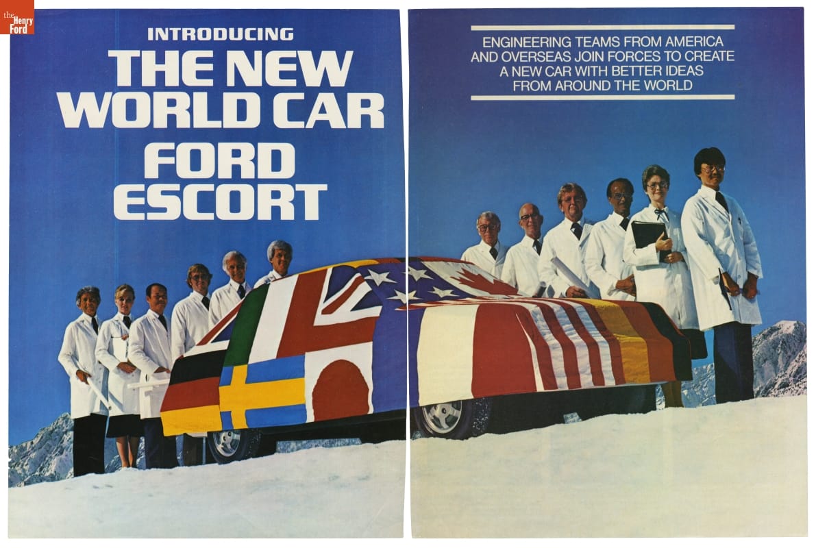 Two-page advertising spread with photo of car under cover decorated with a variety of national flags and many people in white coats standing alongside; also contains text