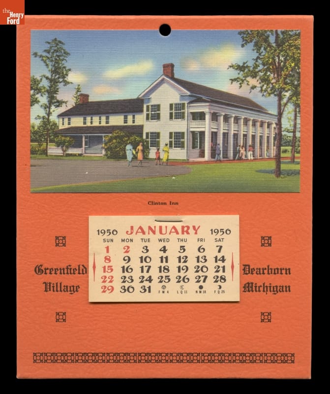 Orange paper with image of two-story white building at top and small calendar page below; also contains text