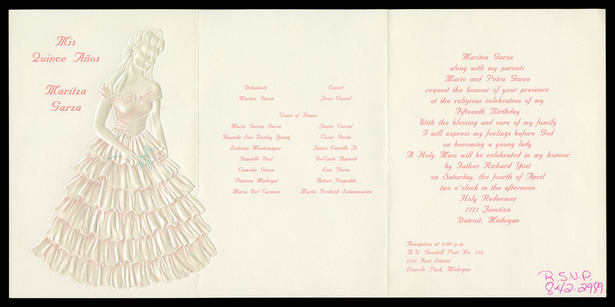 Open, tri-fold invitation with pink text on cream paper and embossed image of girl in a tiered gown 