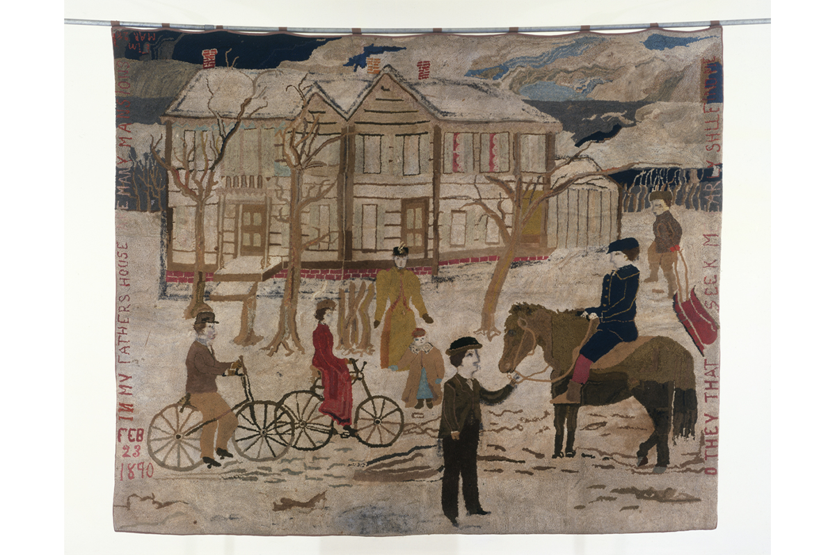 In My Father's House Are Many Mansions, 1890, by Eleanor Blackstone (1837-1913). Physically imposing and cumbersome to exhibit, this rug is not on display but included here to compare to the Emeline Miner rugs in the Handmade exhibit. / THF91671