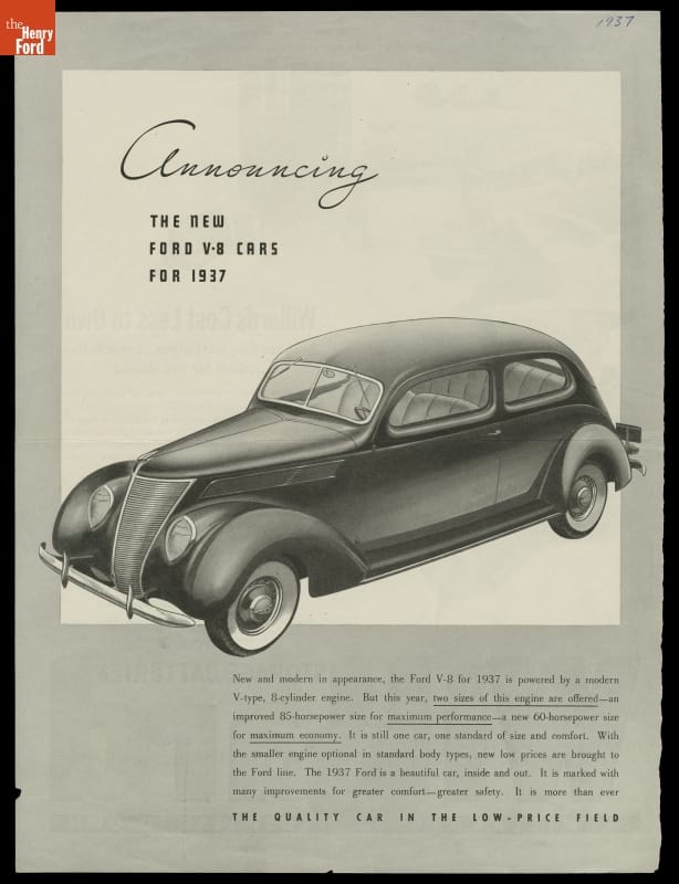 Ford Motor Company Advertisement, Page with text and image of car