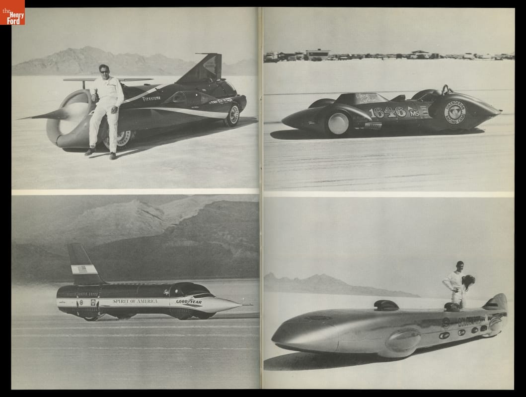 Black-and-white two-page book layout with four images of long, sleek race cars, with and without people standing next to them