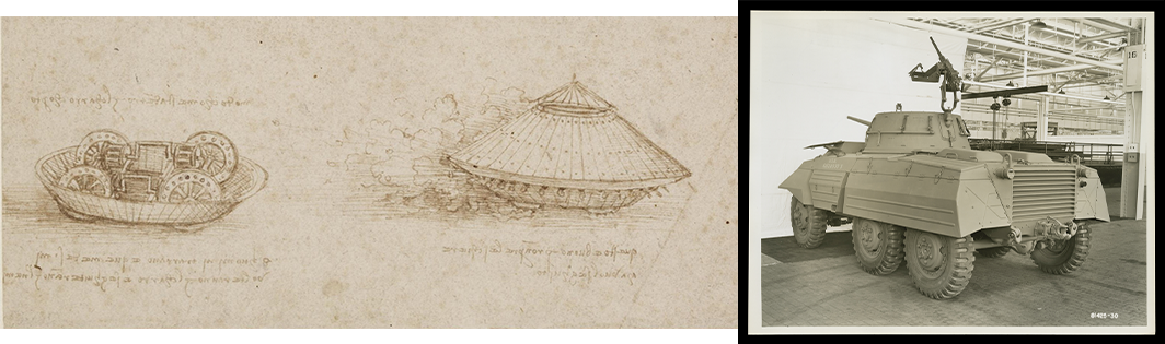 Da Vinci drew this design of an armored for his patron, Ludovico Sforza, who was the regent of Milan from 1480 until he ascended to the role of Duke in 1494. Compare da Vinci's design to this M8 Armored car built at the Ford Motor Company Twin Cities Assembly Plant (1945). Like da Vinci's machine, the M8 provided coverage from enemy fire and had space for soldiers who could steer the vehicle and shoot from it. /